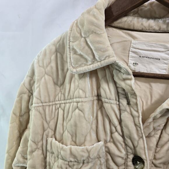 Anthropologie Jacket Womens XS Cream Crushed Velvet Quilted Shacket Shirt Button - Picture 2 of 12